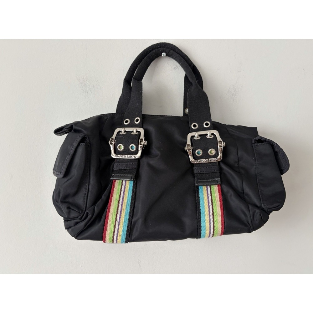 VTG Y2k Franco Sarto Small Shoulder Bag Black Grommet Heavy Buckles Retro Grunge